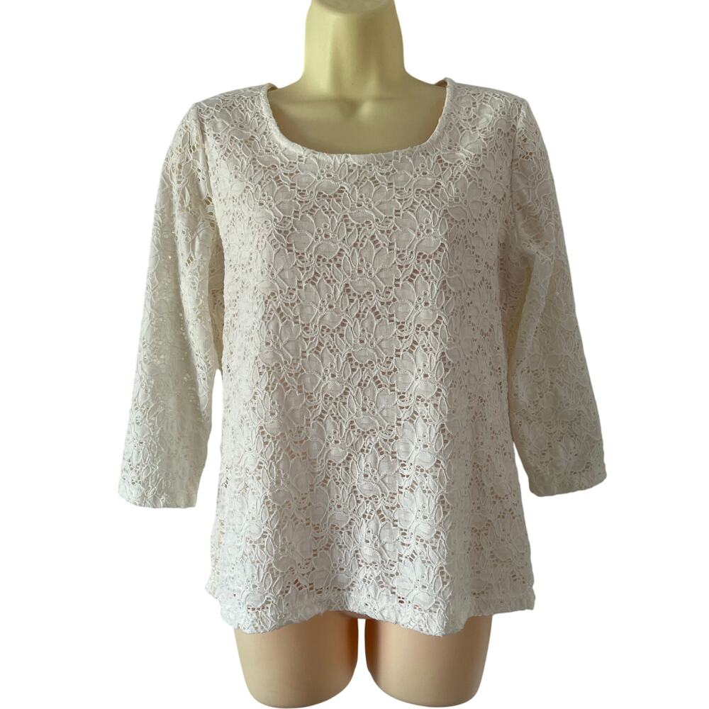 Chico’s 0 Creamy White Lace Stretch Knit Blouse Size 4 Pullover Fancy Dressy